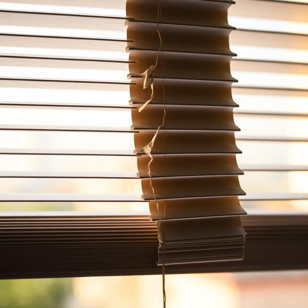 Broken venetian blind slats hanging unevenly