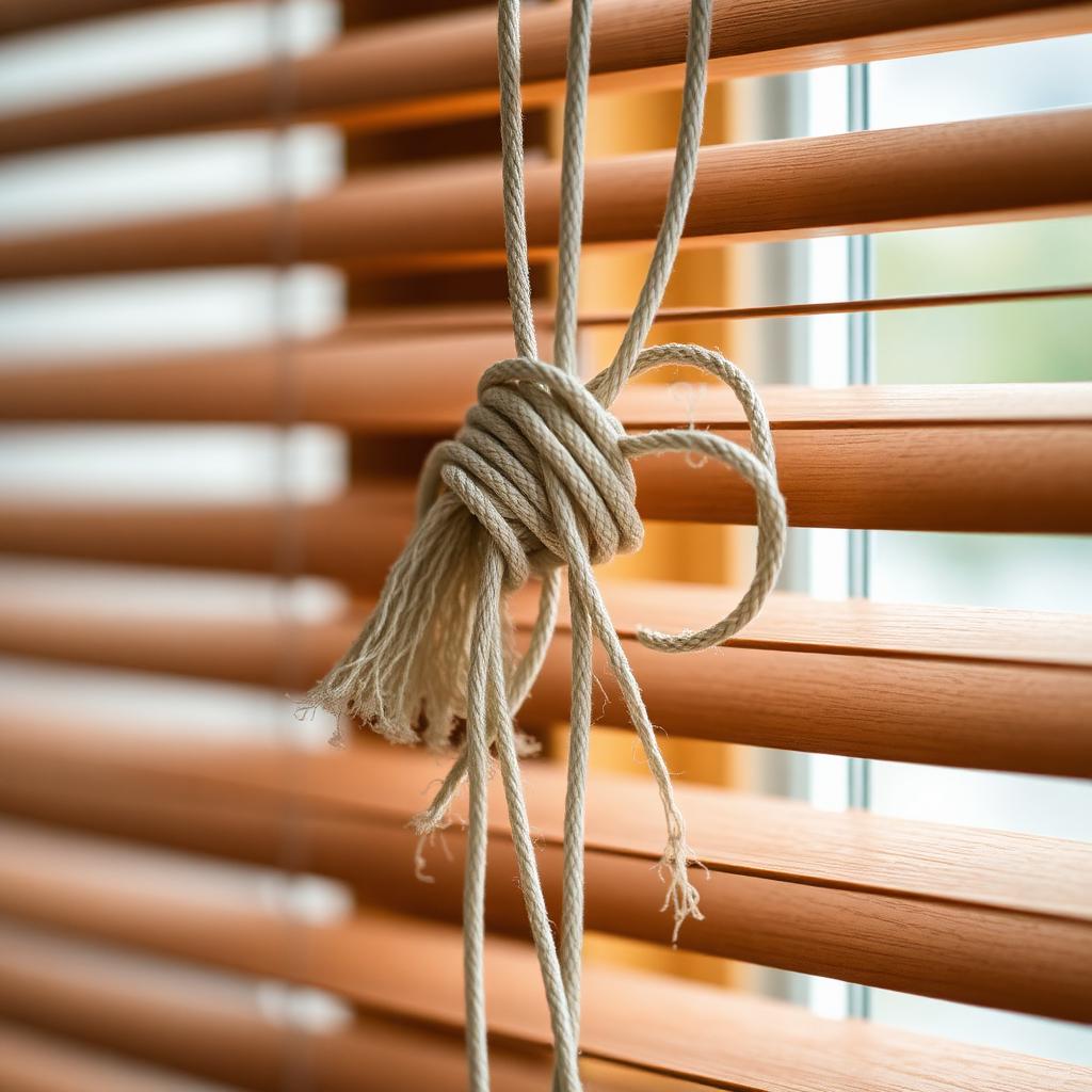 Tangled and frayed lift cords on a wooden blind
